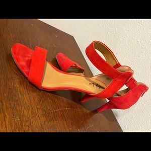 Open toe red suede heels